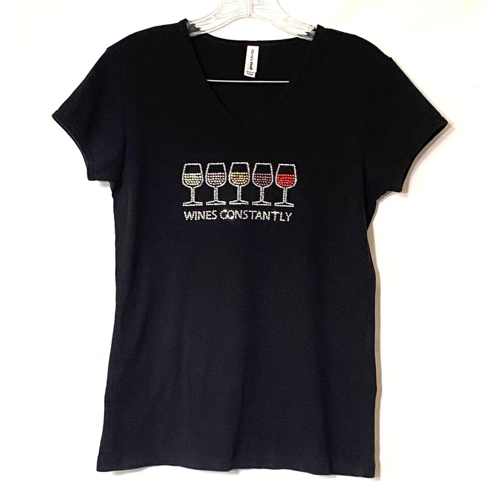 Chris's Stuff "Wines Constantly" Sequin T Shirt Womens Size L Multicolor V Neck
